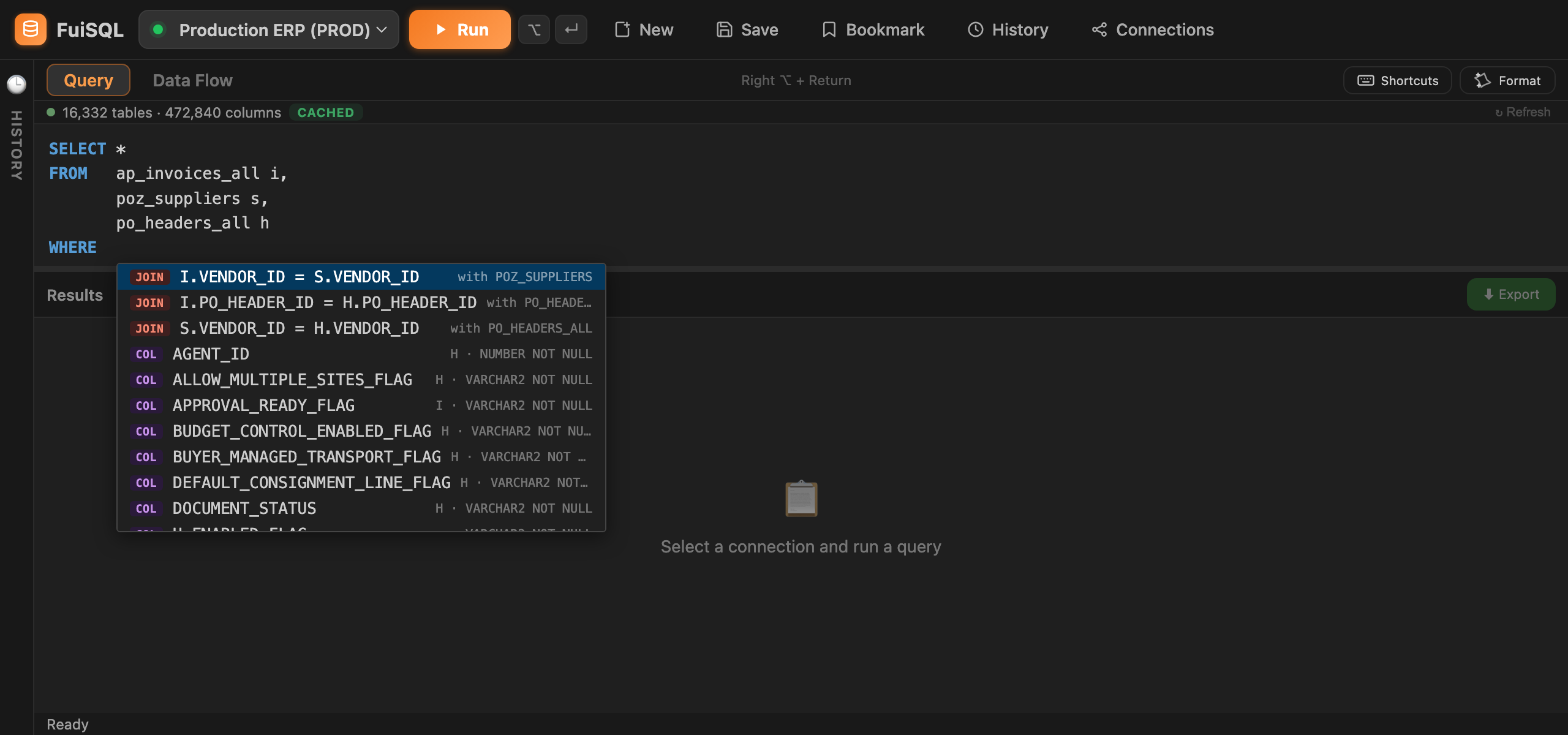 Join conditions and columns offered together after WHERE